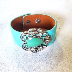Turquoise Leather Bracelet with Silver Accents